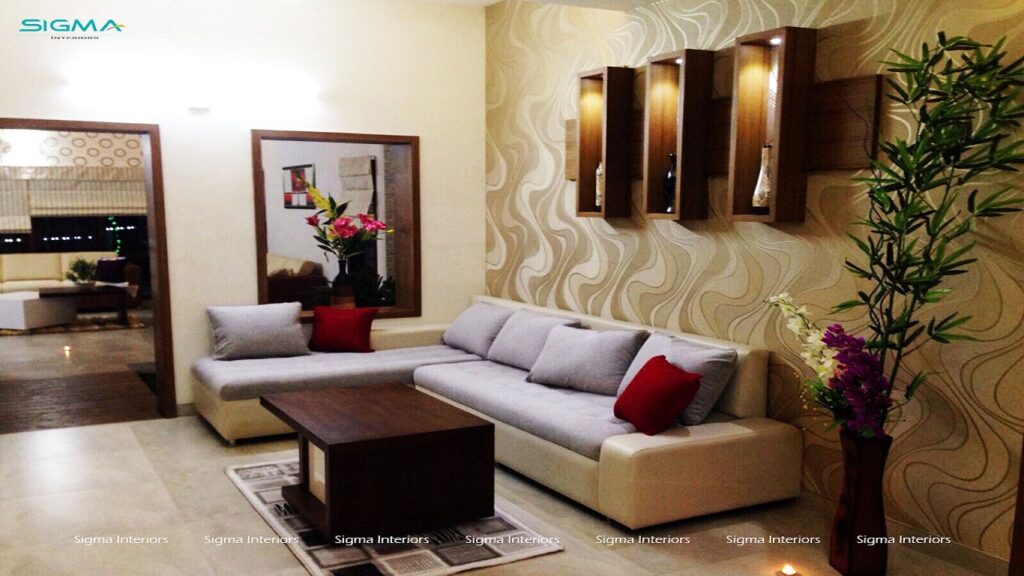 Neutral colour living room with L-shaped sofa and decoration